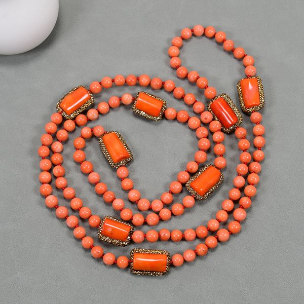 

beaded necklaces 50'' orange coral branch rhinestone cz pave spacer gems beads round coral long necklace handmade lady gifts, Silver