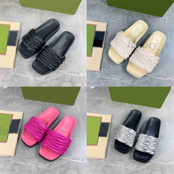 

designer women slippers wrinkle mules rubber sole leather slipper luxury platform sandals classic summer beach flip flops with box, Black