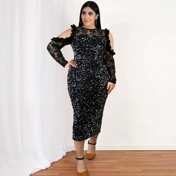 

plus size dresses size women party lace sequin elegant dress fall evening robe female luxury birthday gown designer clothing 230410, Black