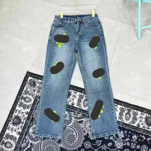 

503m men's and women's jeans pant 2023 fashion brand ch washed leather logo straight trousers for men and women couples zrbt, Blue