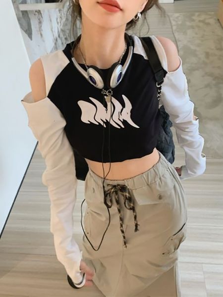 

women's t-shirt crop women fashion y2k t-shirts female off shoulder slim-fit tees ladies hollow out long sleeve tshirts summer 230411, White