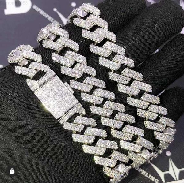 

12mm 14mm 20mm iced out hip hop jewelry s925 vvs moissanite prong cuban chain necklace iced out diamond moissanite cuban chain, Silver