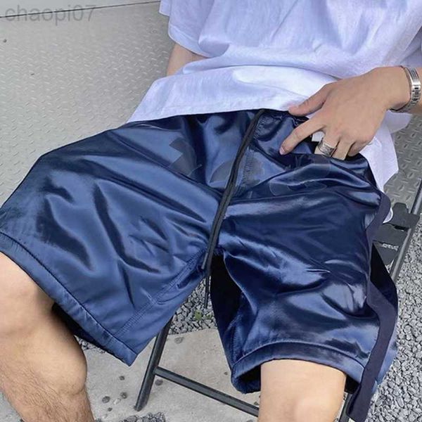 

designer fashion shorts electric blue satin surface smooth to the touch american high street sports casual loose summer men's trend, White;black