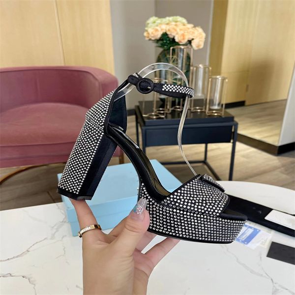 

rhinestone sandal slipper designers womens platform heel dress shoes classic triangle buckle embellished ankle strap 13cm high heeled women, Black