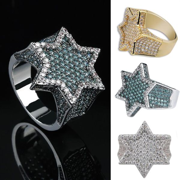 

real gold & white gold dark green iced out cubic zirconia hexagonal star finger band ring color preserve bling diamond rapper ring335u, Silver
