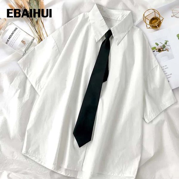 

men's casual shirts ebaihui white short sleeve shirts men with tie japanese preppy simple shirt solid loose summer women blouses street, White;black