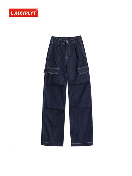 

women's jeans large pocket dark blue spring summer titch decoration streetwear loose mopping wide-leg cargo trousers female 230411