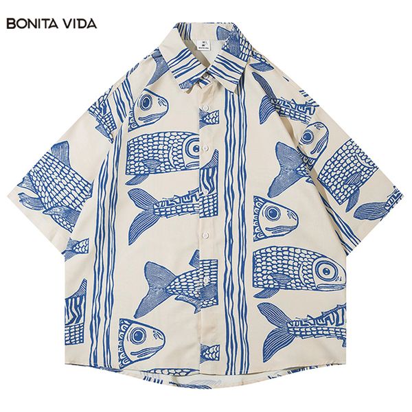 

men's casual shirts vintage oversized hawaiian beach short shirts men summer graphic cartoon fish print personalized couple casual butt, White;black