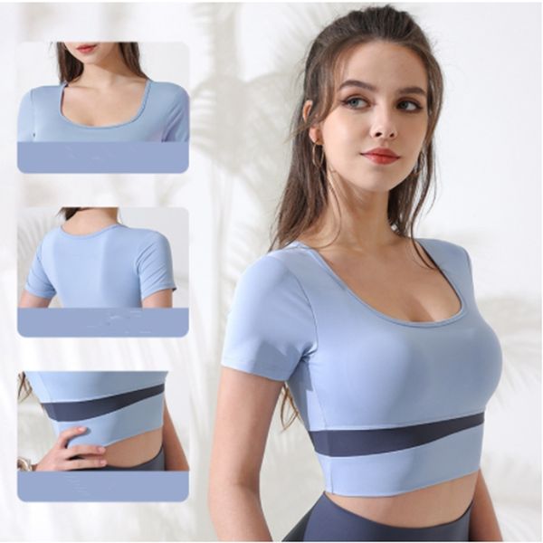 

yoga clothes with chest pad collar short sleeve quick dry tights professional sports running fitness clothes women's t-shirt