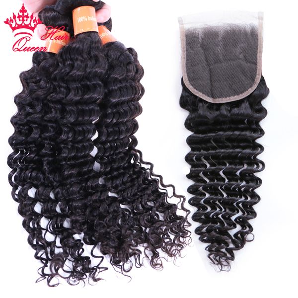 

indian lace closure with hair bundles 100% unprocessed virgin human raw hair extensions deep curly wave bundles with closure queen hair prod, Black;brown