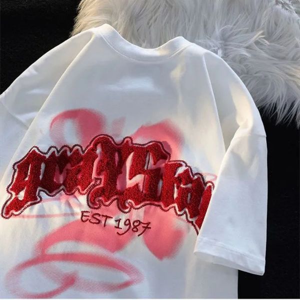 

men s t shirts harajuku street letter embroidery o neck loose t shirt women s summer american fashion trend short sleeved y2k 230410, White;black
