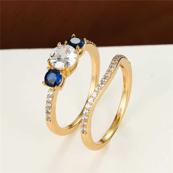 

band rings blue crystal small round ring set antique gold color engagement double rings white zircon big stone ring sets for women jewelry a, Silver