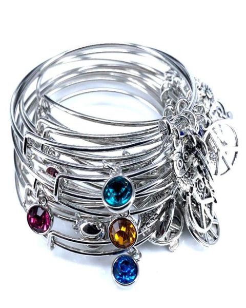 

12 style colorful birthstone bangle adjustable expandable wire bracelets bangles for women fashion jewelry b181033993043, Golden;silver