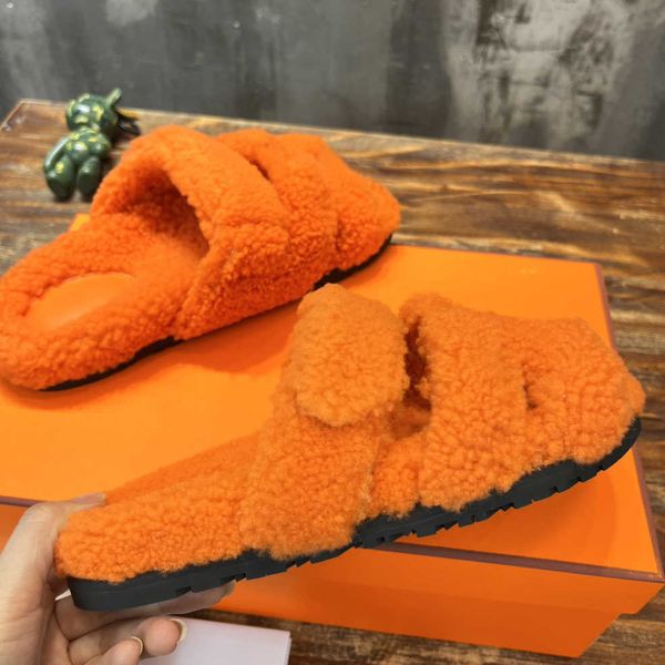 

wool chypre h slippers designer oran sandals fur plush leather slides classic flat fahion women classic shoes quality size 35-41, Black