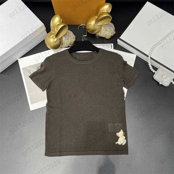 

designer t-shirts hem cat embroidery thread round neck pullover tee solid color spring and summer style fashion joker knitted t-shirts for, White