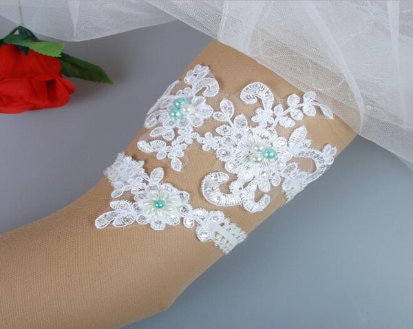 

new lace bridal garters wedding garters real picture appliques colorful pearls handmade wedding leg garters 332233, White