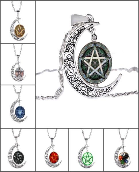 

new fivepointed star pendant necklaces hollow moon cabochons glass moonstone pentagram necklace for womenmen witchcraft jewelry1893261, Silver