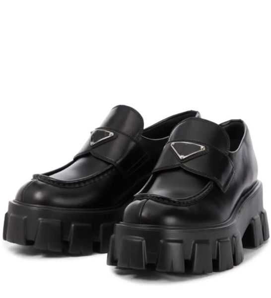 

luxury design spring women dress leather shoes monolith brushed leather woman loafers platform wedge flat shoe slip on loafer round pointed, Black