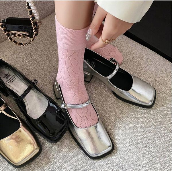 

gold black silver mary jane shoes high chunky heel square toe buckle strap lady wedding bridal dress shoes lady pumps