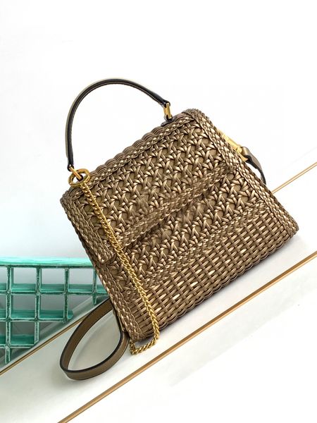 

10a tino woven totes handbag with genuine leather grass woven large capacity flap opening crossbody bag with metal same color body logo desi