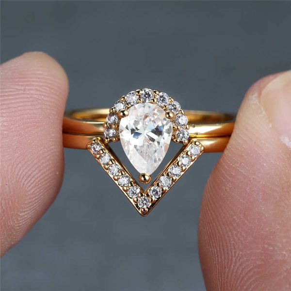 

band rings boho gold color bridal double ring luxury crystal pear stone engagement ring water drop white zircon ring sets for women jewelry, Silver