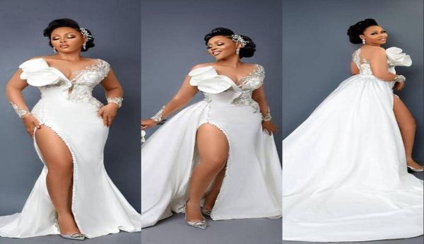 

2022 arabic aso ebi mermaid wedding gowns overskirts illusion neck lace crystals pearls side split detachable train ruffles s6160214, White