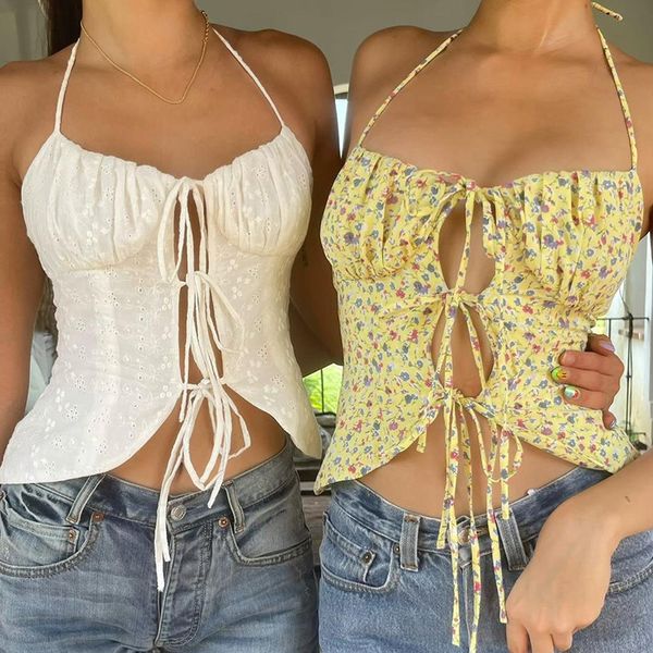 

camisoles tanks boho vintage floral print camisole y2k aesthetic fairycore hollow out lace up backless halter crop women summer beach vest 2, Black;white
