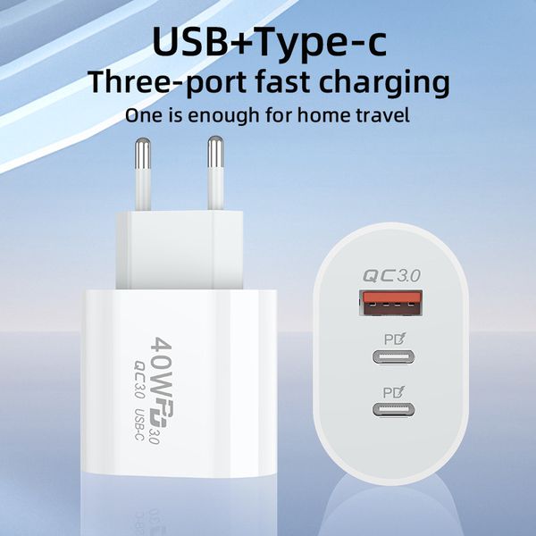 

40w 3a 3 ports cell phone chargers dual pd type c wall charger fast charging power adapters for samsung s20 s22 utral htc xiaomi huawei