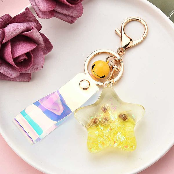 

key rings creative korean version of quicksand sequins acrylic into oil starfish shell keychain magic color laser leather rope bag pendant a, Slivery;golden
