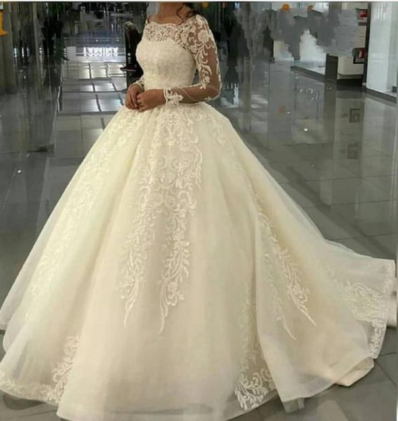 

new arrival ball gown wedding dresses long sleeve appliques lace muslim 2019 gelinlik bride dress bridal gowns1359931, White
