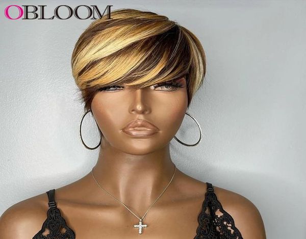

highlight blonde short bob pixie cut wig human hair wigs with bangs brazilian wigs for black women full machine made8541691, Black;brown
