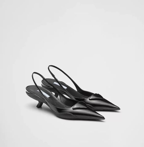 

designer heels women dress shoes luxury triangle logo brushed leather slingback pumps pointed toes comma heel eu34-40 with box dresses, Black