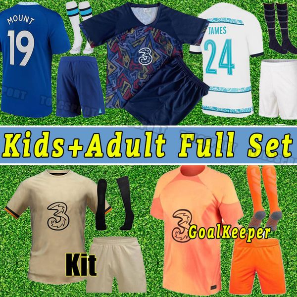 

full set cfc 2022 2023 pulisic soccer jerseys ziyech havertz kante werner abraham chilwell mount jorginho football shirt kids child short sl, Black;yellow