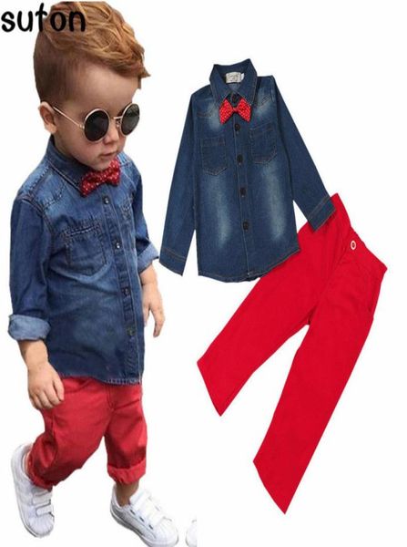 

2018 spring fashion casual children039s clothing set baby boys clothes cotton denim long sleeve shirtsred pants kids clothes 31696467, White