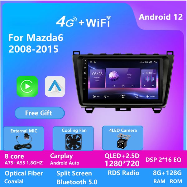 

car radio video player for mazda 6 2008-2015 with bluetooth carplay steering wheel control remote mirror link ips screen 128g 10 inch