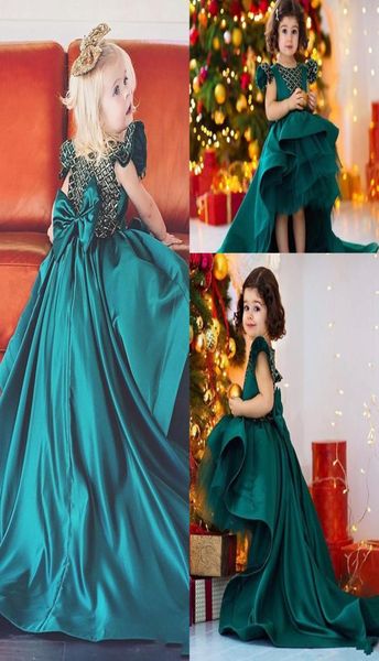 

2020 hi lo girls pageant dresses jewel neck cap sleeves beaded flower girl dresses toddlers teens back bow birthday party communio9415956, White;red