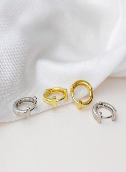 

style t shaped hoop earrings for women 925 sterling sliver letter hoops 2 color ear piercing jewelry huggie9788825, Golden;silver