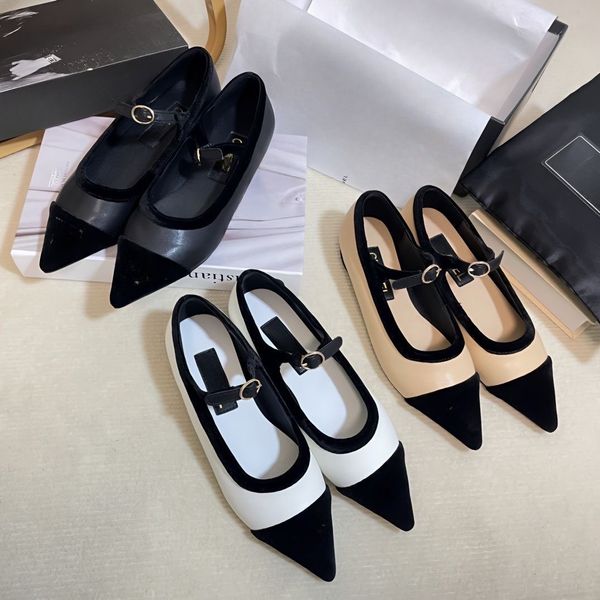 

classic luxury heel designer sandal fashion leather women new flat shoes pointed velvet contrast color light button mary french single shoes, Black