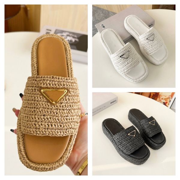 

women weave pp slippers triangle metal buckle slide summer platform sandals flat casual shoes slip-on flats sandal women luxury designer sli, Black