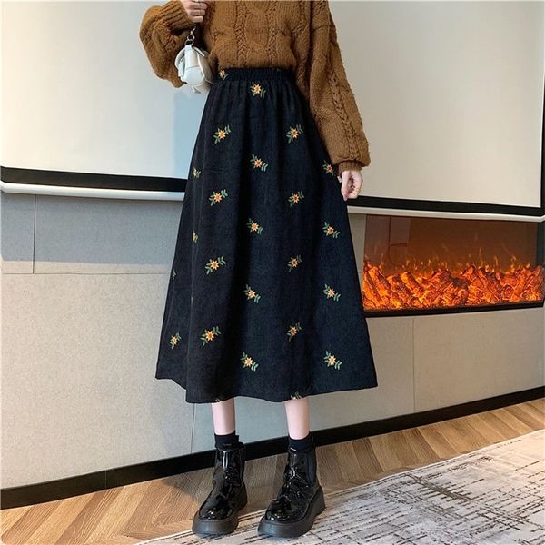 

skirts vintage broccoli leather clothes for women's autumn and winter loose embroidery flower high waist long leather clothes for women, Black