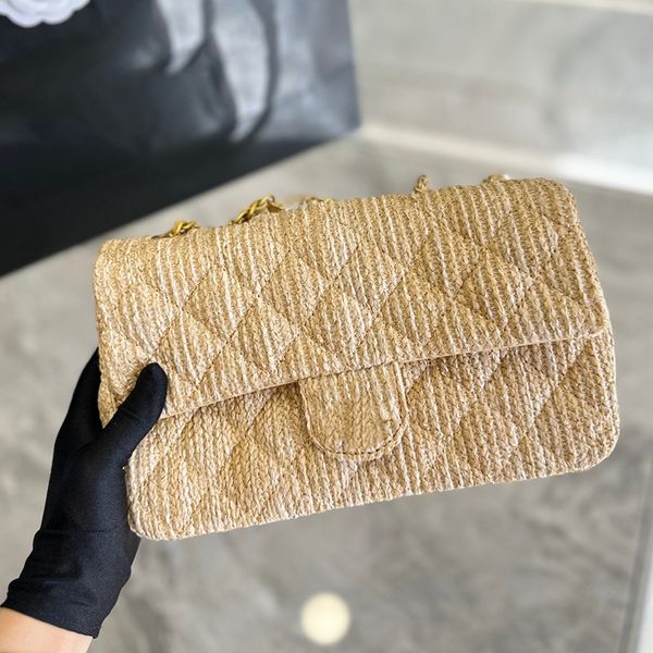 

french women raffia classic flap messenger bag diamond lattice quilted gold metal chain crossbody shoulder handbags designer versatile outdo