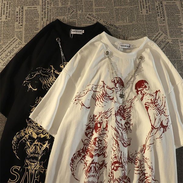 

men's t-shirts american style street dark skull style cotton short sleeved tshirt for men and women ins loose couple wear round neck 23, White;black