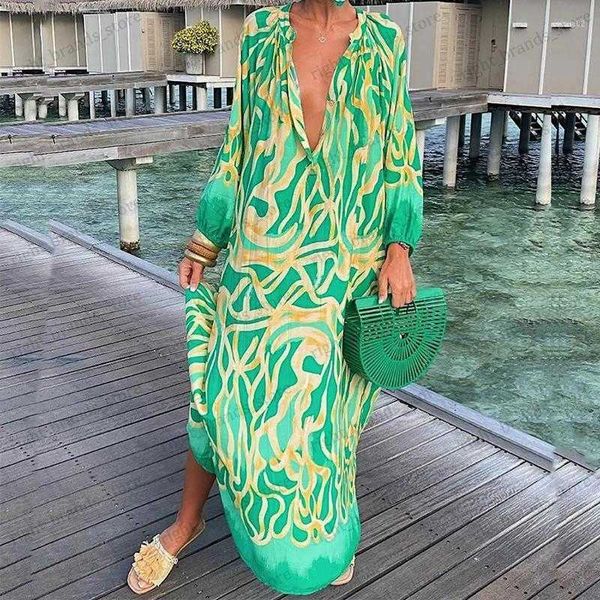 

casual dresses casual dresses women boho print loose beach elegant retro harajuku v-neck maxi dress long sleeve oversized t230412, Black;gray
