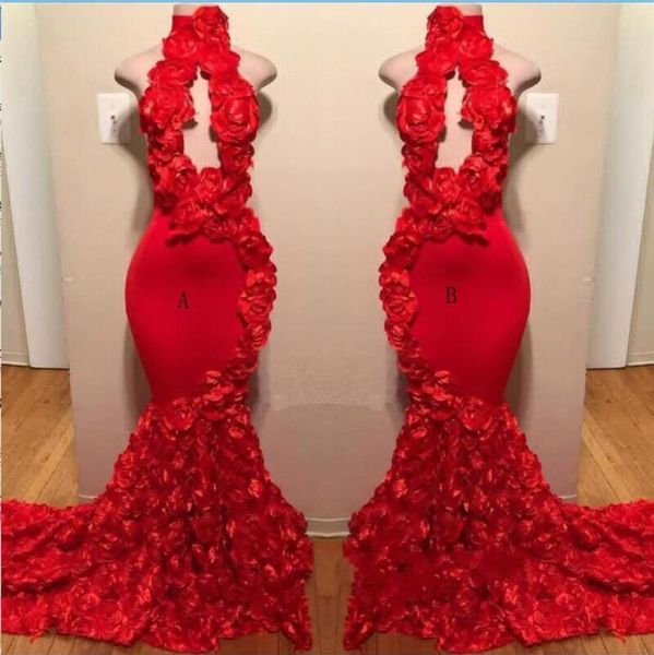 

red rose mermaid prom dresses new high neck appliques formal evening dresses sweep train cocktail party gowns 4570879, Black