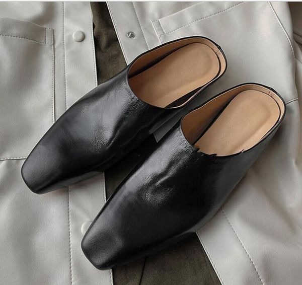 

full grain leather muller shoes fashion square toe spring summer womens slippers shoes, Black