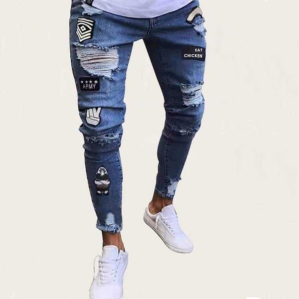 

new perforated jeans for men designer clothing popular broken hole elastic denim pants, Blue