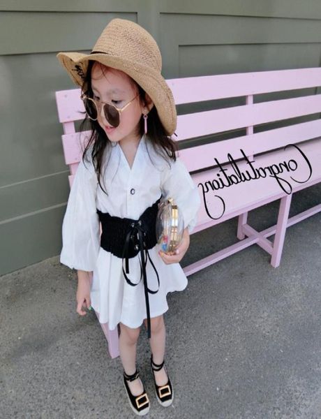 

girls elastic belt white dress kids puff sleeve shirt dresses lady style children cotton clothing a45174428707, Red;yellow