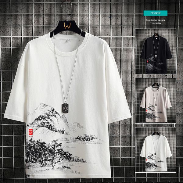 

mens tshirts 2023 summer tshirt chinese mountain ink painting pattern casual short sleeve tees male round neck tshirts size 4xl 230412, White;black