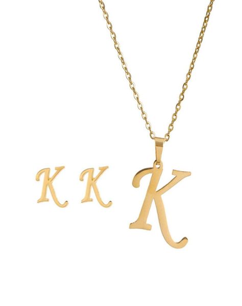 

26 letter necklaces with earring jewelry set stainless steel gold plated choker initial pendant necklace women alphabet chains jew6512810, Silver