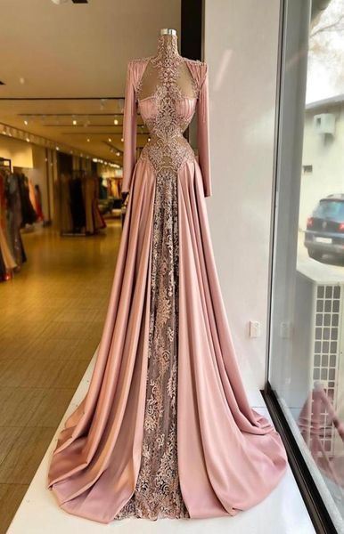 

2021 plus size arabic aso ebi lace beaded prom dresses high neck long sleeves satin evening formal party second reception gowns zj4670017, Black